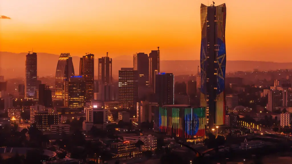 Addis Ababa: Stunning view of Addis Ababa's skyline against a vibrant sunset backdrop.