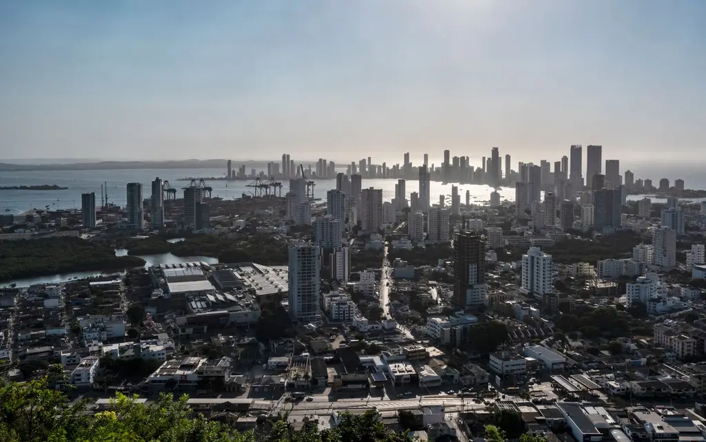 Cartagena: A breathtaking view of Cartagena's skyline with dense modern skyscrapers and vibrant cityscape.