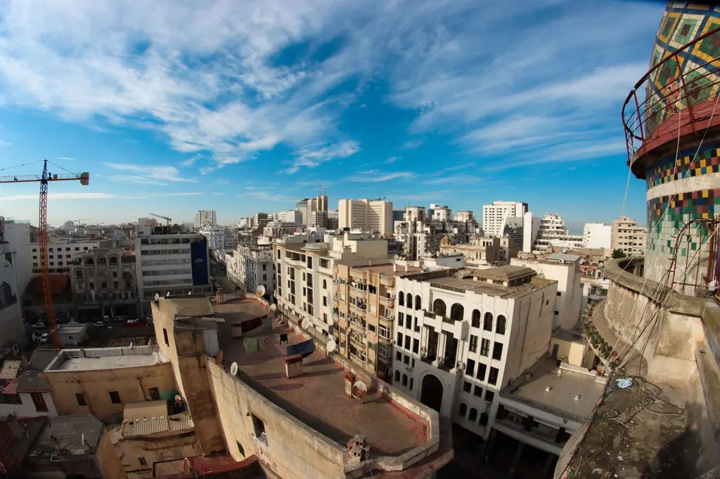 Casablanca: High-angle view of Casablanca's urban skyline under a vibrant blue sky.