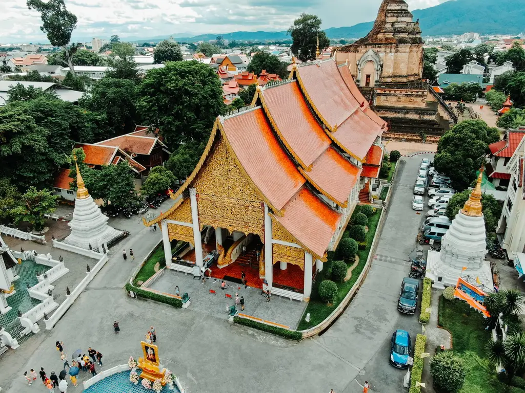 Chiang Mai: Stunning aerial view of Wat Chedi Luang, showcasing traditional Thai architecture in Chiang Mai, Thailand.