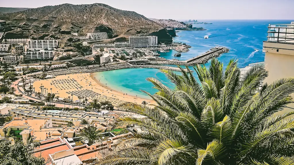 Gran Canaria: The sun-baked, arid coast of Gran Canaria in the Canary Islands (taken at the Puerto Rico Resort, Jun., 2015). aerial view of beach and palm trees