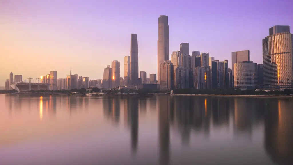 Guangzhou: Stunning view of Guangzhou's skyline at sunset, capturing skyscrapers reflecting on the Pearl River.