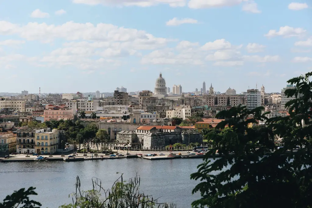 Havana: Beautiful cityscape view of Havana, Cuba with its iconic architecture and waterfront under a clear sky.