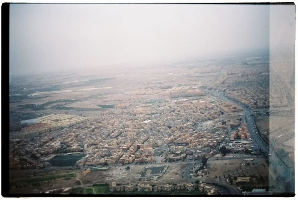 Marrakech: Aerial photograph of Marrakech cityscape enveloped in foggy atmosphere.