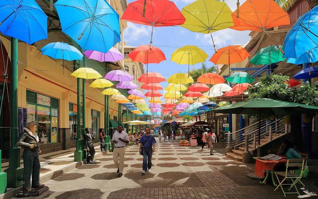 Mauritius: Umbrellas at Caudan Waterfront Mall Colorful umbrellas at Caudan Waterfront Mall, Port Louis, Mauritius Caudan Waterfront|Pedestrians|Pedestrian zones|Featured 