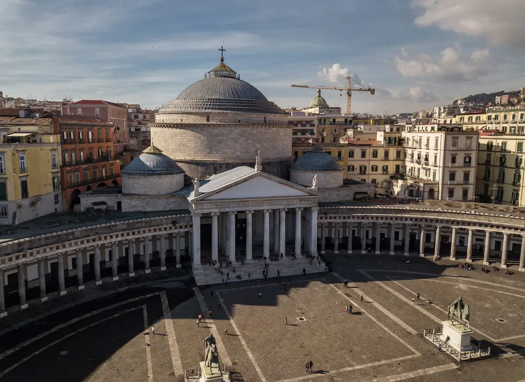 Naples: Basilica di San Francesco di Paola, Naples, Italy. an aerial view of a large building with a dome