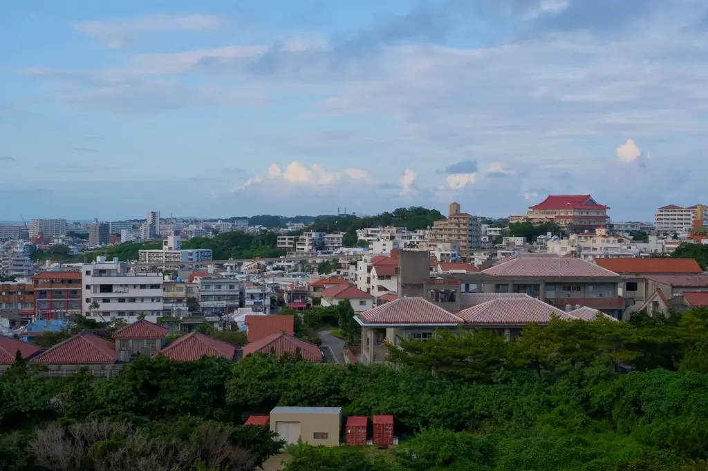 Okinawa: Panoramic view of Okinawa cityscape with traditional and modern buildings.