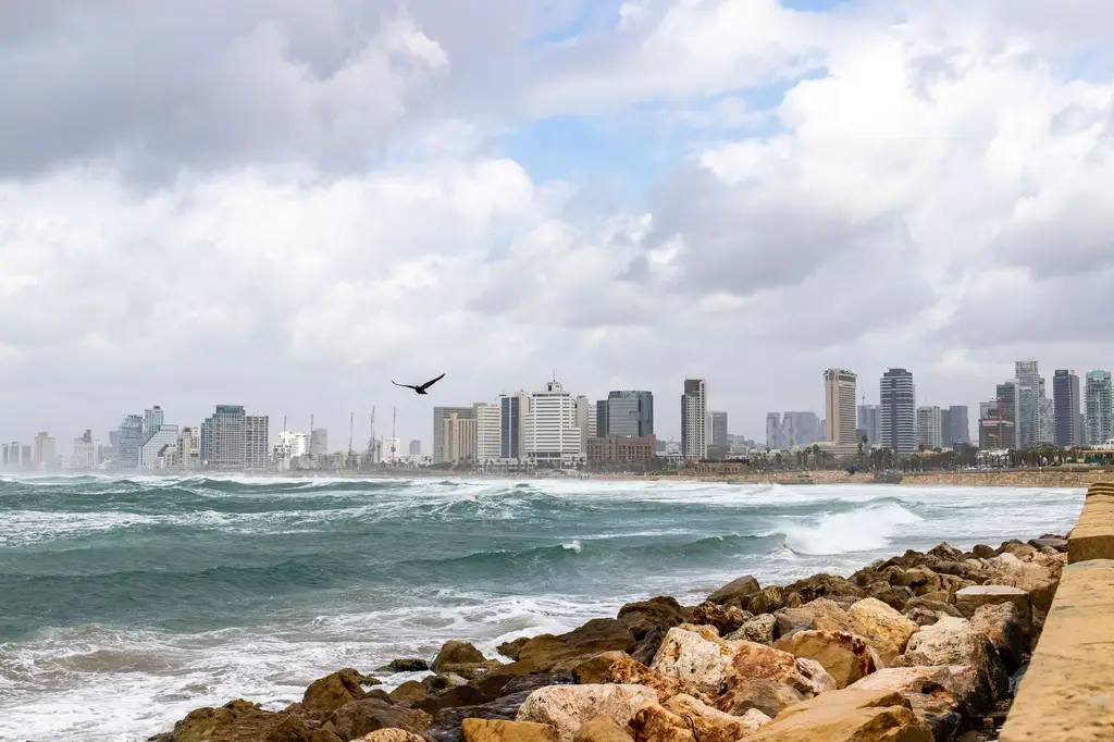 Tel Aviv: Scenic view of Tel Aviv's skyline with rocky seashore and waves crashing, under a cloudy sky.