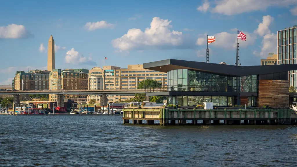 Washington DC: Scenic waterfront view of Washington DC featuring the Washington Monument and modern architecture.