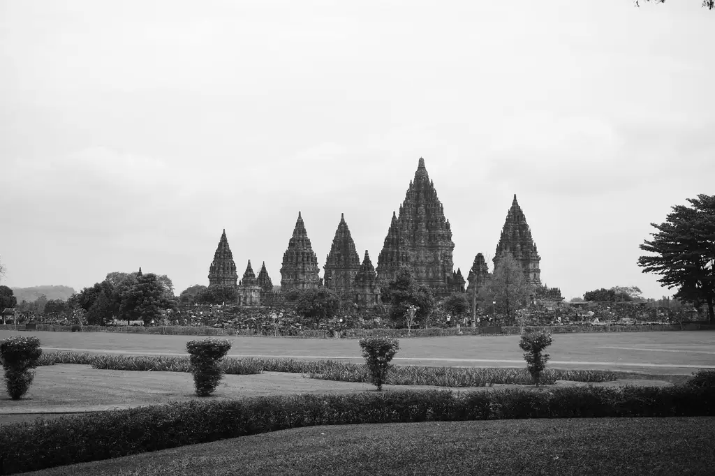 Yogyakarta: Monochrome view of Prambanan Temple, a historic Hindu landmark in Yogyakarta, Indonesia.